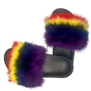 PRIDE Bright Rainbow Fur Fuzzy Fluff Yeah Slipper Shoes Slide Flat Sandals Sz 6